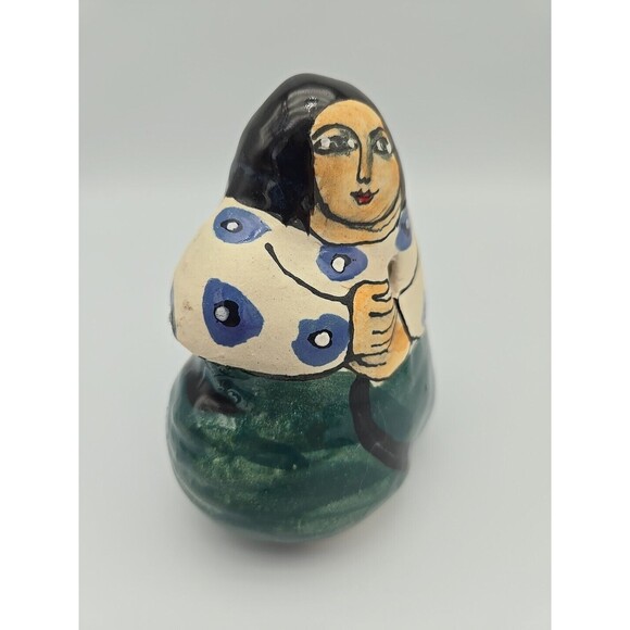 Latin American Folk Art Clay Pottery Woman Figurine Shaker Hand Painted - Picture 3 of 10
